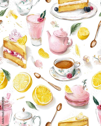 Charming Vintage Afternoon Tea Seamless Pattern with Watercolor Desserts, Teacups, and Lemon Motifs for Rustic Kitchen Decor