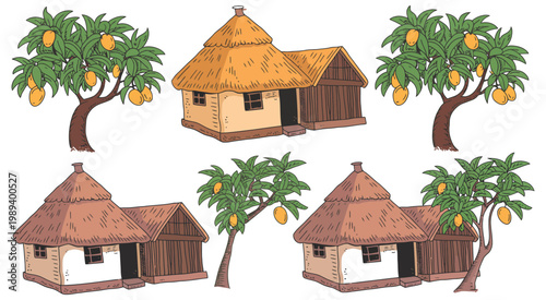 Traditional Village Huts Thatched Roof Mango Trees Rural Landscape Rustic Houses Vector Illustration Design Isolated Background