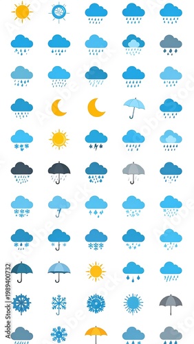 Comprehensive Weather Icon Set Blue Clouds Sun Rain And Snow Flat Vector Illustrations Isolated On White Background For Forecast Design