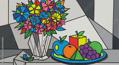 Geometric Still Life Illustration with Colorful Flowers and Fruit