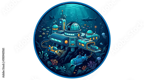 Submarine Exploring Ocean Floor Underwater.
