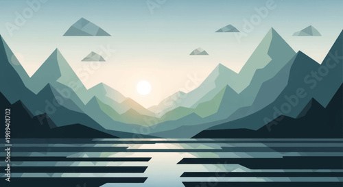 Minimalist Geometric Mountain Landscape with Sunrise Reflection