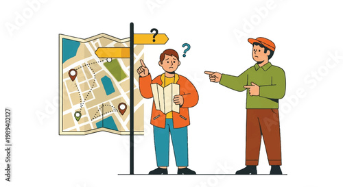 People navigating with map and signpost vector illustration