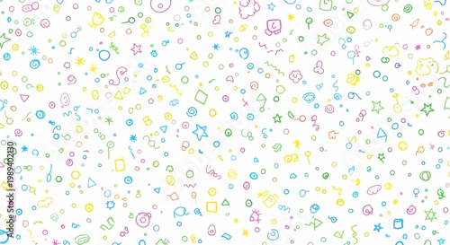 Hand Drawn Doodle Pattern with Colorful Abstract Shapes and Symbols