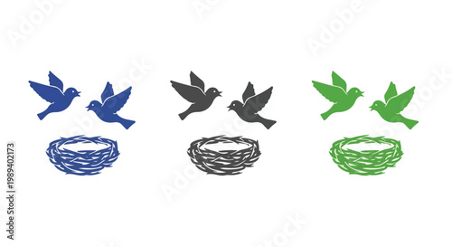 Colorful birds flying above nests in different colors representing nature and wildlife diversity