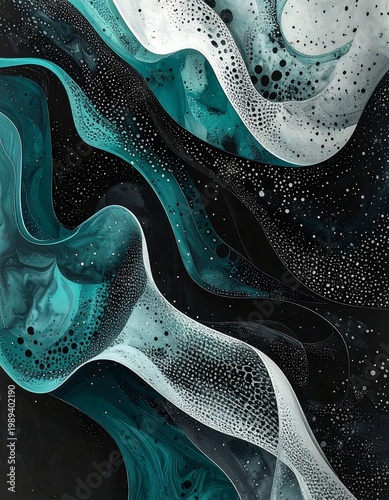 Abstract Fluid Art With Teal And White Waves On Black Background Intricate Cellular Textures And Flowing Organic Shapes