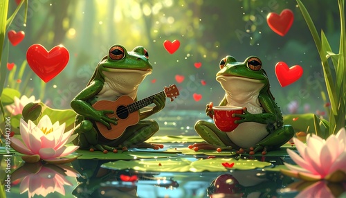 Green Frogs In A 3d Illustration Sitting On Lily Pads One Playing Guitar And The Other Holding A Red Cup In A Romantic Pond Environment With Hearts