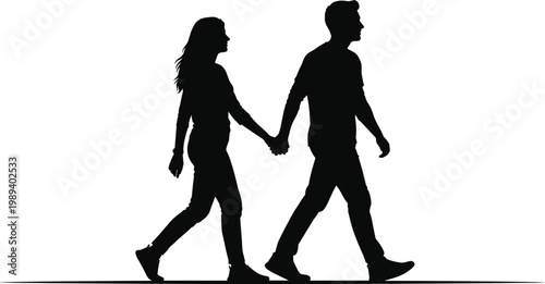 Silhouette of romantic couple holding hands walking together isolated on white background symbolizing love relationship journey