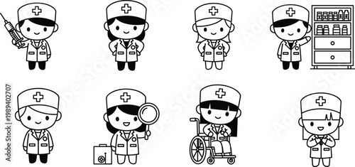 Kawaii Medical Character Set Featuring Cute Nurse Silhouettes With Syringe Wheelchair Medicine Cabinet And First Aid Kit Icons For Healthcare Childrens Books And Stickers
