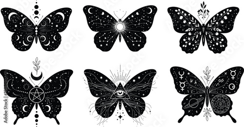 Mystical Butterfly Silhouette Set Featuring Celestial Stars Moon Phases Eye of Providence Pentagram and Zodiac Symbols for Occult Magic Spiritual and Esoteric Graphic Design Projects
