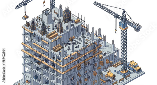 Pixel Art Construction Site: Building Skyscraper with Cranes and Machinery