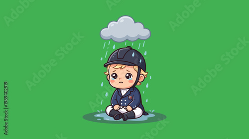 Sad Cartoon Equestrian Sitting in the Rain