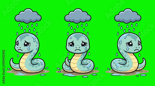 Sad Cartoon Snakes Crying in Rain