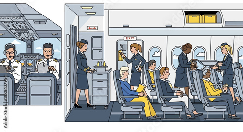 Airplane Interior: Pilots in Cockpit and Flight Attendants Serving Passengers