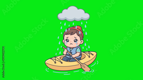 Sad Boy in Kayak With Rain Cloud Overhead