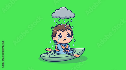 Sad Child Kayaking in the Rain