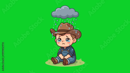 Sad Cartoon Cowboy Sitting in the Rain