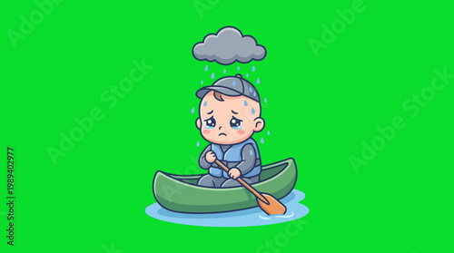 Sad Baby in Canoe Under Rain Cloud on Green Background