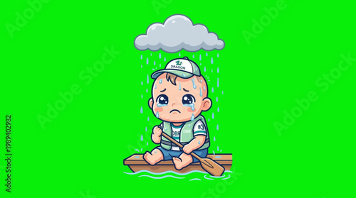Sad Baby in a Boat Under a Rain Cloud