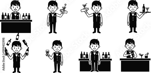 Professional Bartender and Mixologist Icon Set Featuring Male Server Character Juggling Bottles, Shaking Cocktails, Serving Drinks, and Standing at Bar Counter in Minimalist Style