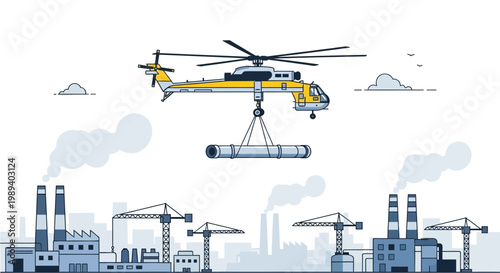 Helicopter transport of industrial pipe over cityscape with factories and cranes
