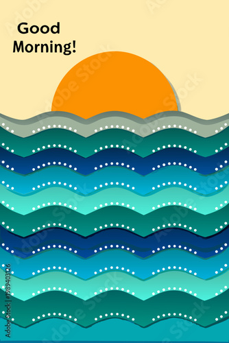 A stylized sunrise over ocean waves with a good morning greeting