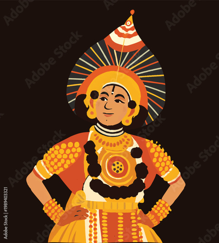 Traditional Yakshagana Dancer Illustration in Indian Folk Art Style