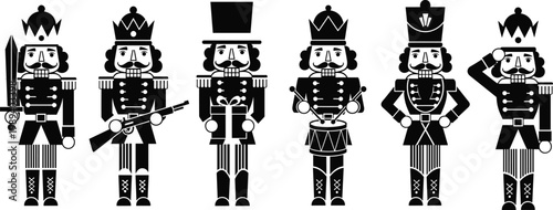 Traditional Christmas Nutcracker Soldier Silhouette Collection Featuring Toy Figures with Sword Rifle Gift Drum and Saluting Poses for Holiday Season Festive Celebration and Winter Decoration