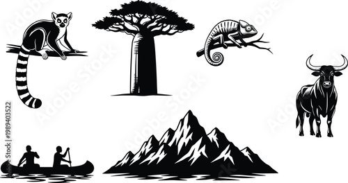 Vector collection of minimalist black and white Madagascar icons featuring a lemur baobab tree chameleon zebu bull mountain range and people in a canoe isolated