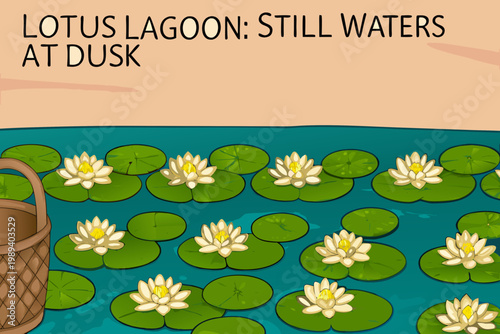 A tranquil lagoon scene featuring blooming lotus flowers at twilight