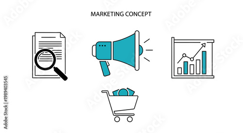 Marketing concept illustrating market research, advertising, sales growth, and consumer purchasing power