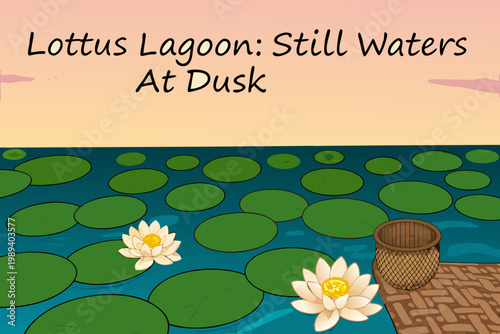 Cartoon illustration of a lagoon with lotus flowers and a basket