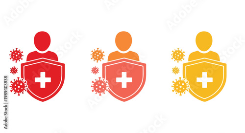Set of three healthcare icons featuring medical shields with cross symbols in red orange and yellow colors on white