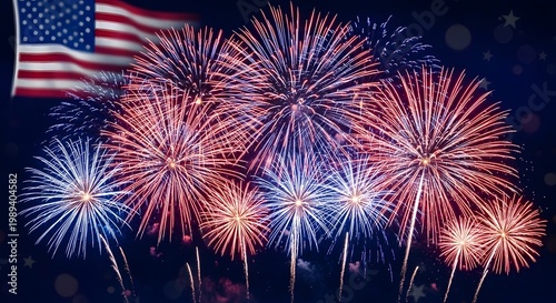 Spectacular fourth of july fireworks display against the american flag