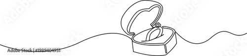 Engagement ring in a box continuous line drawing. One line art of love, wedding rings, marriage, diamond, accessory, jewel, union of hearts. one line Icon drawing Engagement ring in a box continuous 