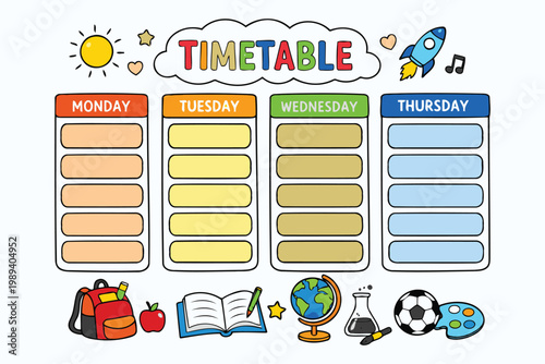 Colorful educational weekly timetable chart for children's activities and learning schedule Vector