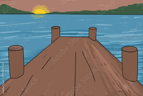 A cartoon illustration of a wooden pier extending into calm waters