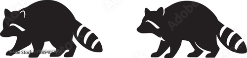 Two black silhouettes of raccoons walking showcasing detailed facial markings silhouette