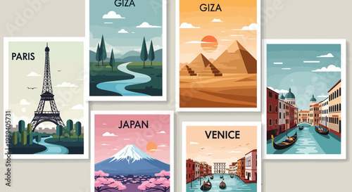 Set of Travel Posters Featuring Iconic Global Landmarks in Flat Vector Illustration