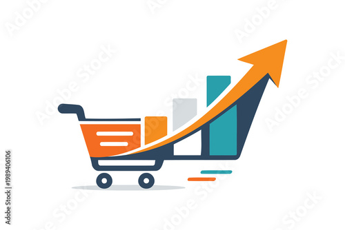 Growth in online shopping and e-commerce sales illustrated by a shopping cart and upward trend Vector