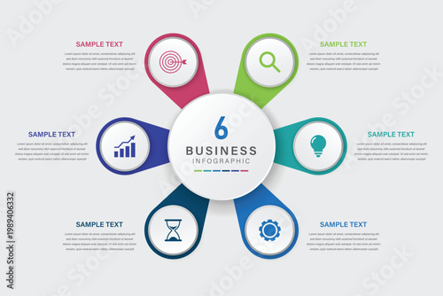 A business infographic with six sections and sample text