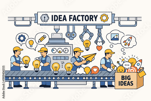 Innovative team brainstorming in an idea factory assembly line setting Vector