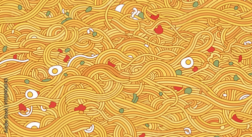 Seamless Pattern of Delicious Stir Fried Noodles with Vegetables and Egg Slices
