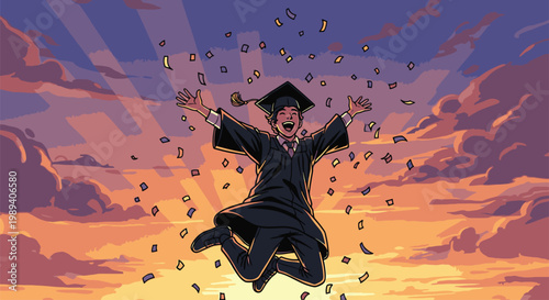Young man in graduation gown jumping 1.