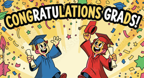 Two cartoon characters celebrating graduation.