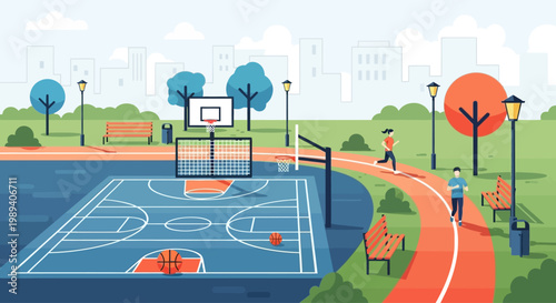 Outdoor Basketball Court and Running Track in City Park