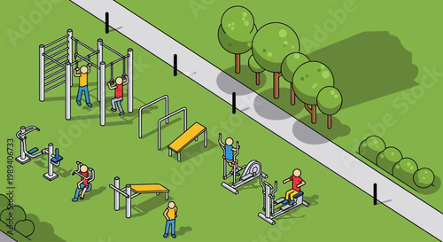 Outdoor Fitness Park: People Exercising on Street Workout Equipment and Machines