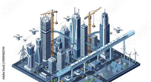 Billede på lærred Futuristic isometric city with drones, monorail, and wind turbines