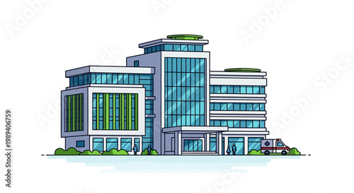 Modern hospital building exterior with ambulance, healthcare facility, medical center, clinic facade