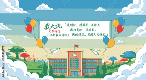 School Building With Flag On Top.